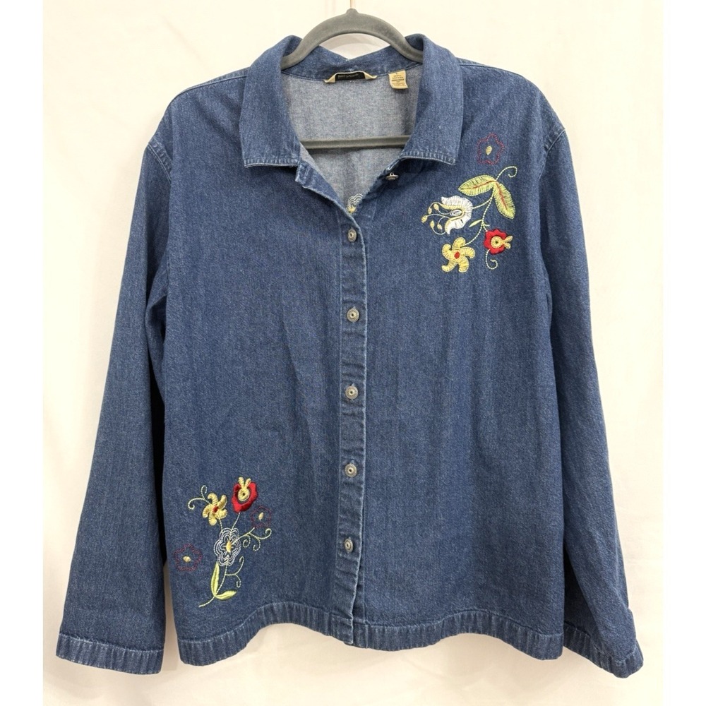 Bechamel Denim Floral Embroidered Jacket Top Cottagecore Womens Size L